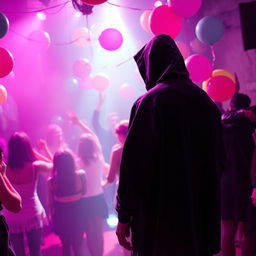 A vibrant party scene illuminated by pink and purple lights, with a lively atmosphere