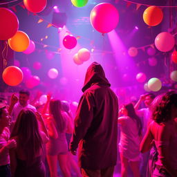 A vibrant party scene illuminated by pink and purple lights, with a lively atmosphere