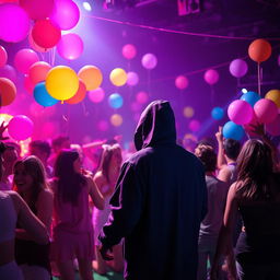 A vibrant party scene illuminated by pink and purple lights, with a lively atmosphere