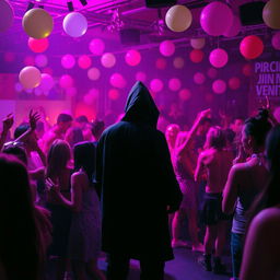 A vibrant party scene illuminated by pink and purple lights, with a lively atmosphere