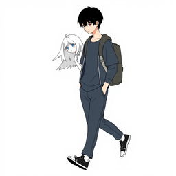 A male high schooler with black hair, depicted as walking with his head slightly bowed, dressed in a casual school uniform