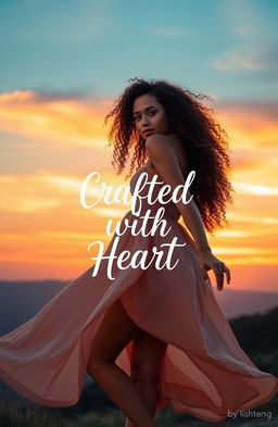 A stunning and alluring scene featuring a sexy girl with beautiful curly hair, moving gracefully against a breathtaking sunset backdrop