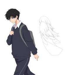 A male high schooler with black hair, depicted as walking with his head slightly bowed, dressed in a casual school uniform