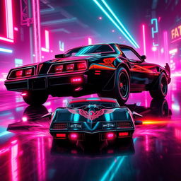 A sleek, jet-black 1978 Pontiac Firebird, showcasing its classic contours enhanced with vibrant neon red and pink highlights that accentuate its aggressive stance