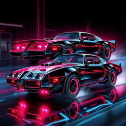 A sleek, jet-black 1978 Pontiac Firebird, showcasing its classic contours enhanced with vibrant neon red and pink highlights that accentuate its aggressive stance