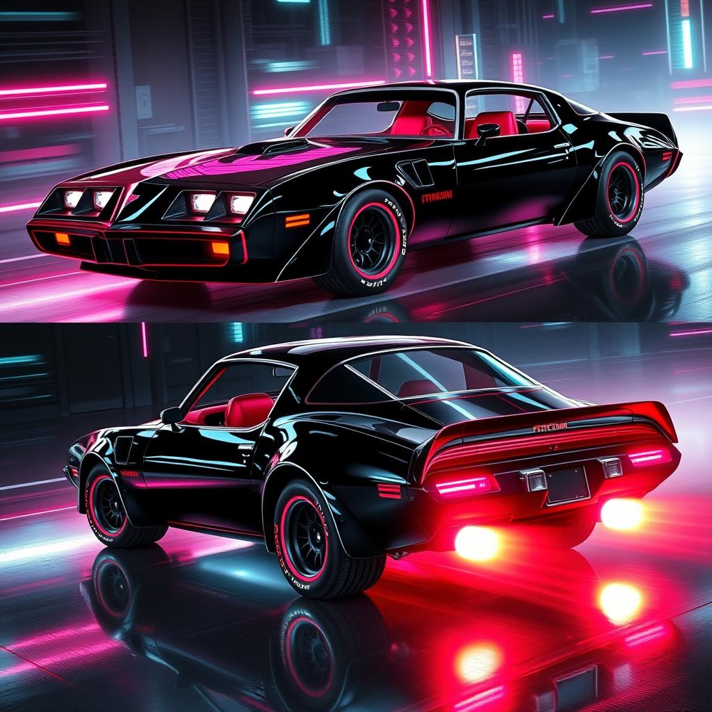 A sleek, jet-black 1978 Pontiac Firebird, showcasing its classic contours enhanced with vibrant neon red and pink highlights that accentuate its aggressive stance