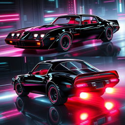 A sleek, jet-black 1978 Pontiac Firebird, showcasing its classic contours enhanced with vibrant neon red and pink highlights that accentuate its aggressive stance