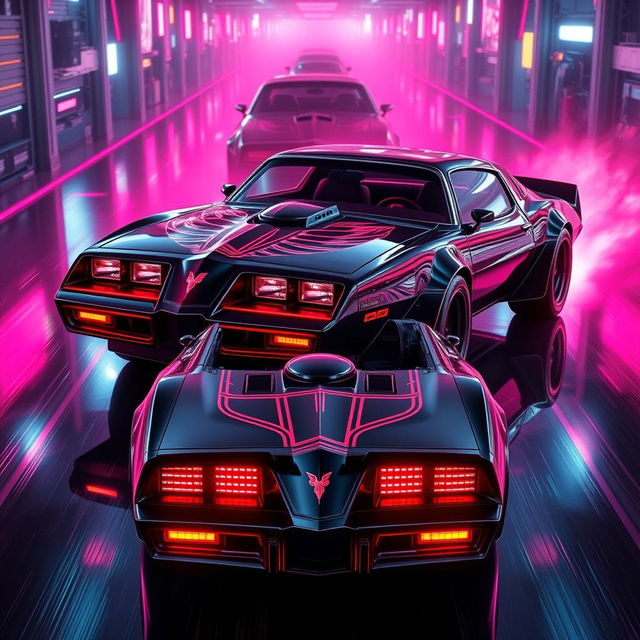 A sleek, jet-black 1978 Pontiac Firebird, showcasing its classic contours enhanced with vibrant neon red and pink highlights that accentuate its aggressive stance