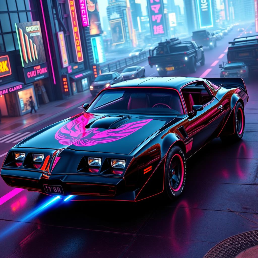 A sleek, jet-black 1978 Pontiac Firebird, showcasing bold and aggressive lines, adorned with vibrant neon red and pink highlights that accentuate its curves