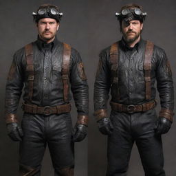 Imagining superheroes in a oilpunk universe, their attire is heavily influenced by oil rig workers' gear, distressed leather, and dark metallic components. Their powers emanate from relics of the oil industry, presenting an unmistakable ruggedness intrinsic to this world.