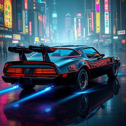 A sleek, jet-black 1978 Pontiac Firebird, showcasing bold and aggressive lines, adorned with vibrant neon red and pink highlights that accentuate its curves