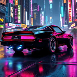 A sleek, jet-black 1978 Pontiac Firebird, showcasing bold and aggressive lines, adorned with vibrant neon red and pink highlights that accentuate its curves