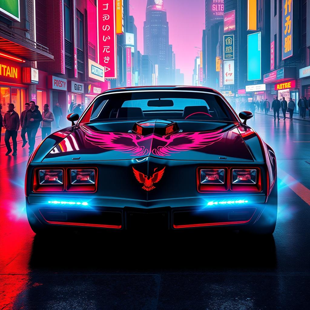 A sleek, jet-black 1978 Pontiac Firebird, showcasing bold and aggressive lines, adorned with vibrant neon red and pink highlights that accentuate its curves