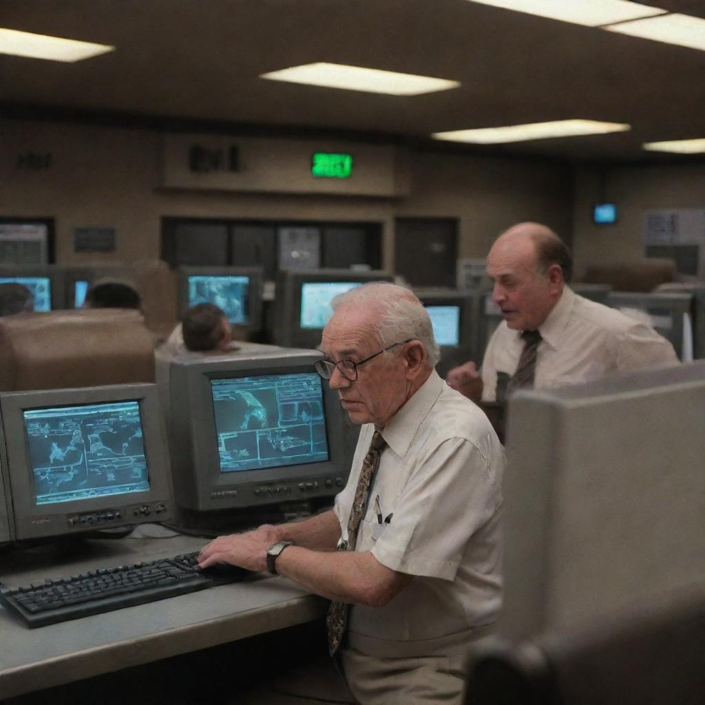 Meanwhile, amidst the chaos, the wealthy elderly man enters the deserted control room, checking the computer system in an attempt to understand what's gone wrong at the Jurassic-themed park.