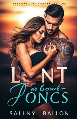 A steamy book cover depicting a muscular tattooed man holding a beautiful woman in a passionate embrace