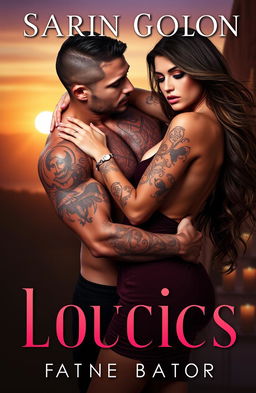 A steamy book cover depicting a muscular tattooed man holding a beautiful woman in a passionate embrace