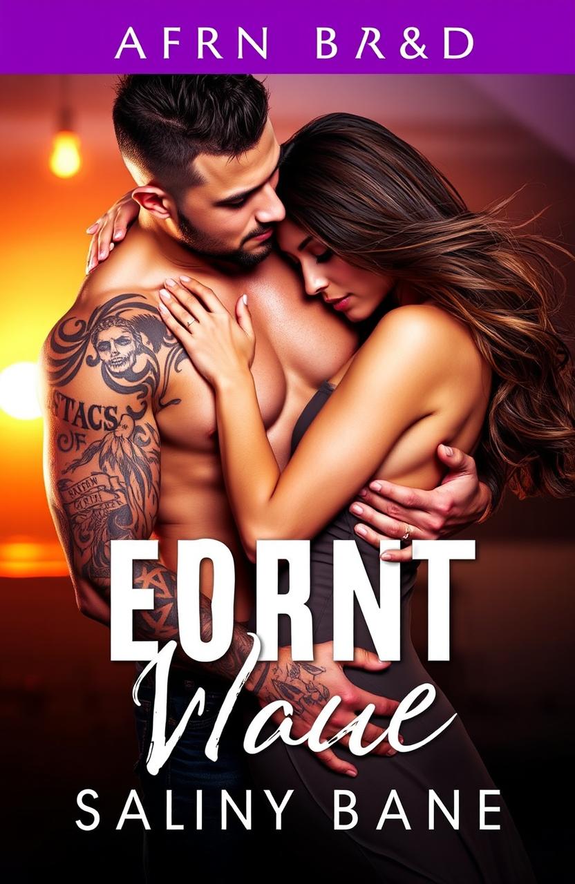 A steamy book cover depicting a muscular tattooed man holding a beautiful woman in a passionate embrace