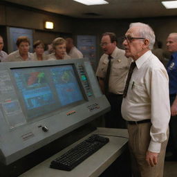 Meanwhile, amidst the chaos, the wealthy elderly man enters the deserted control room, checking the computer system in an attempt to understand what's gone wrong at the Jurassic-themed park.