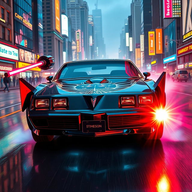 A sleek, black 1978 Pontiac Firebird, designed with sharp, aggressive lines that dominate the scene