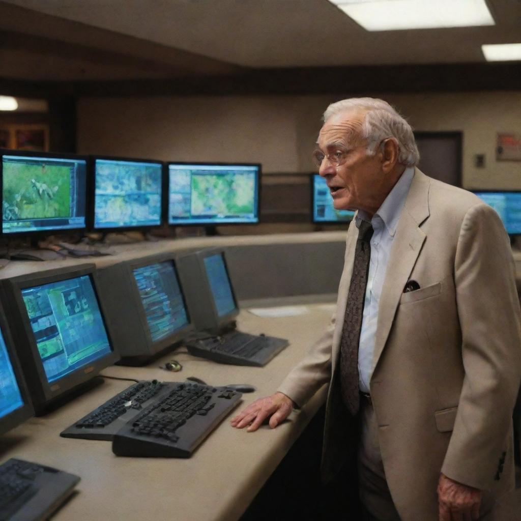 Meanwhile, amidst the chaos, the wealthy elderly man enters the deserted control room, checking the computer system in an attempt to understand what's gone wrong at the Jurassic-themed park.