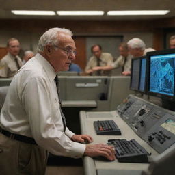 Meanwhile, amidst the chaos, the wealthy elderly man enters the deserted control room, checking the computer system in an attempt to understand what's gone wrong at the Jurassic-themed park.