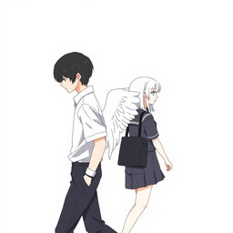 A male high schooler with black hair, depicted walking with his head slightly bowed, dressed in a matching casual school uniform