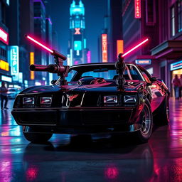 A striking black 1978 Pontiac Firebird, prominently featuring two sleek laser cannons mounted on the hood, enhancing its aggressive and futuristic appeal