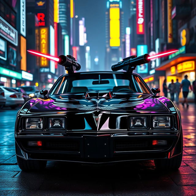 A striking black 1978 Pontiac Firebird, prominently featuring two sleek laser cannons mounted on the hood, enhancing its aggressive and futuristic appeal