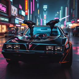 A striking black 1978 Pontiac Firebird, prominently featuring two sleek laser cannons mounted on the hood, enhancing its aggressive and futuristic appeal