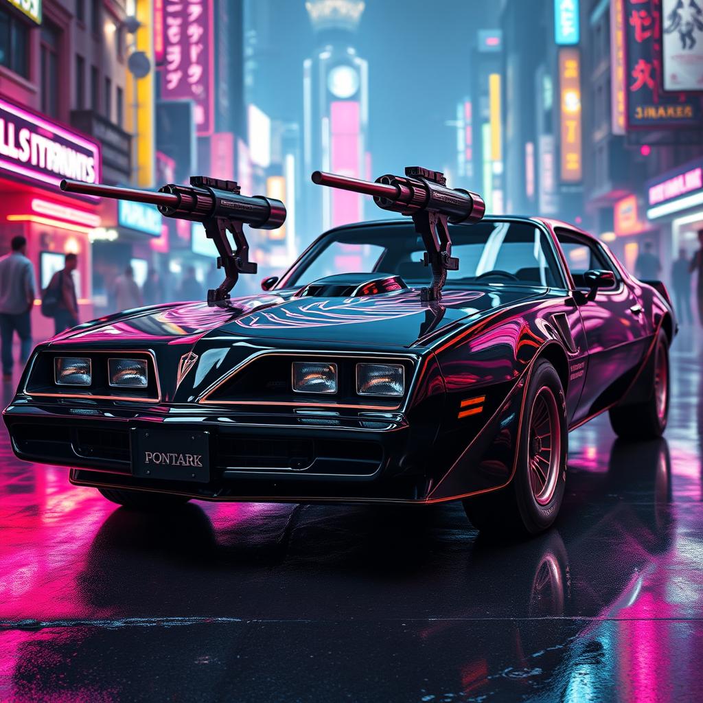 A striking black 1978 Pontiac Firebird, prominently featuring two sleek laser cannons mounted on the hood, enhancing its aggressive and futuristic appeal