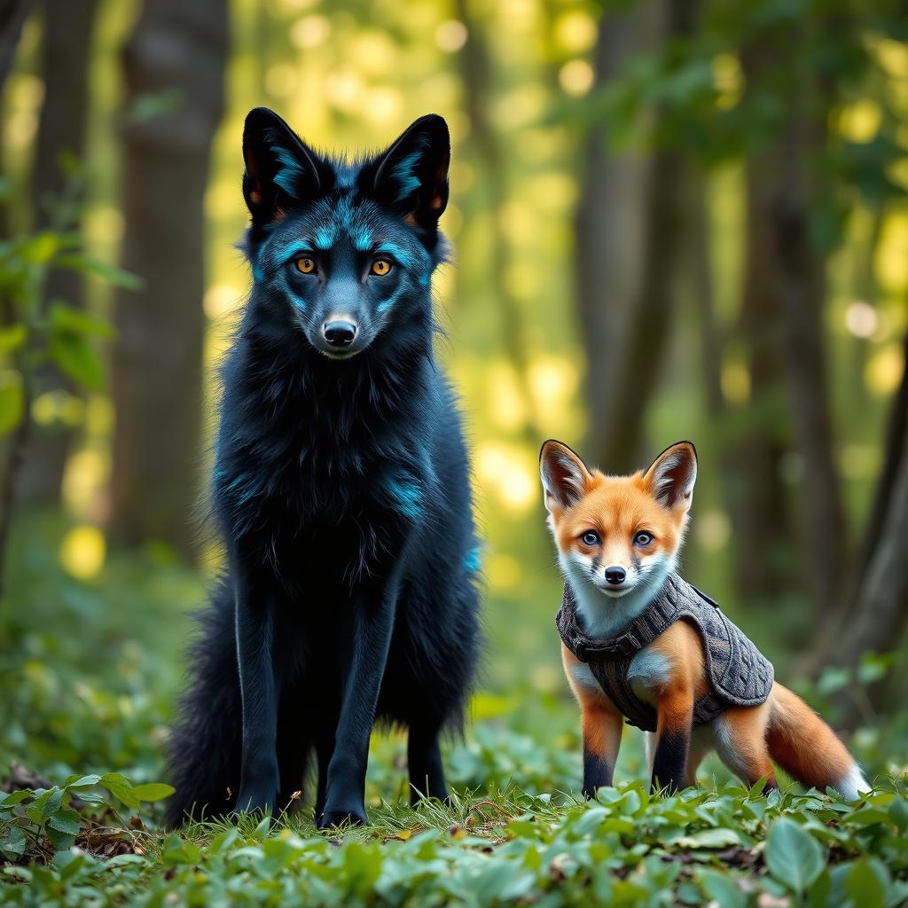 A striking black fox with vibrant teal markings adorning its sleek fur, standing gracefully in a lush green forest