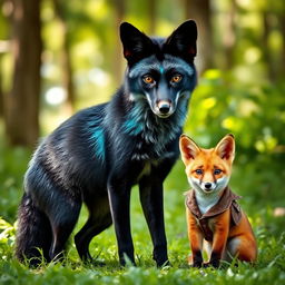 A striking black fox with vibrant teal markings adorning its sleek fur, standing gracefully in a lush green forest