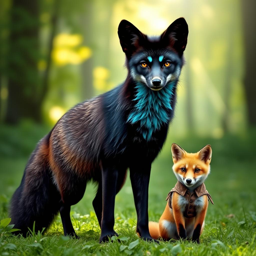 A striking black fox with vibrant teal markings adorning its sleek fur, standing gracefully in a lush green forest