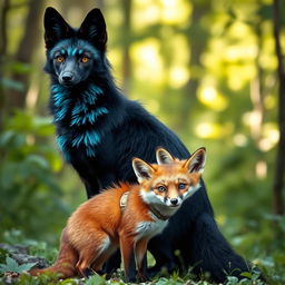 A striking black fox with vibrant teal markings adorning its sleek fur, standing gracefully in a lush green forest