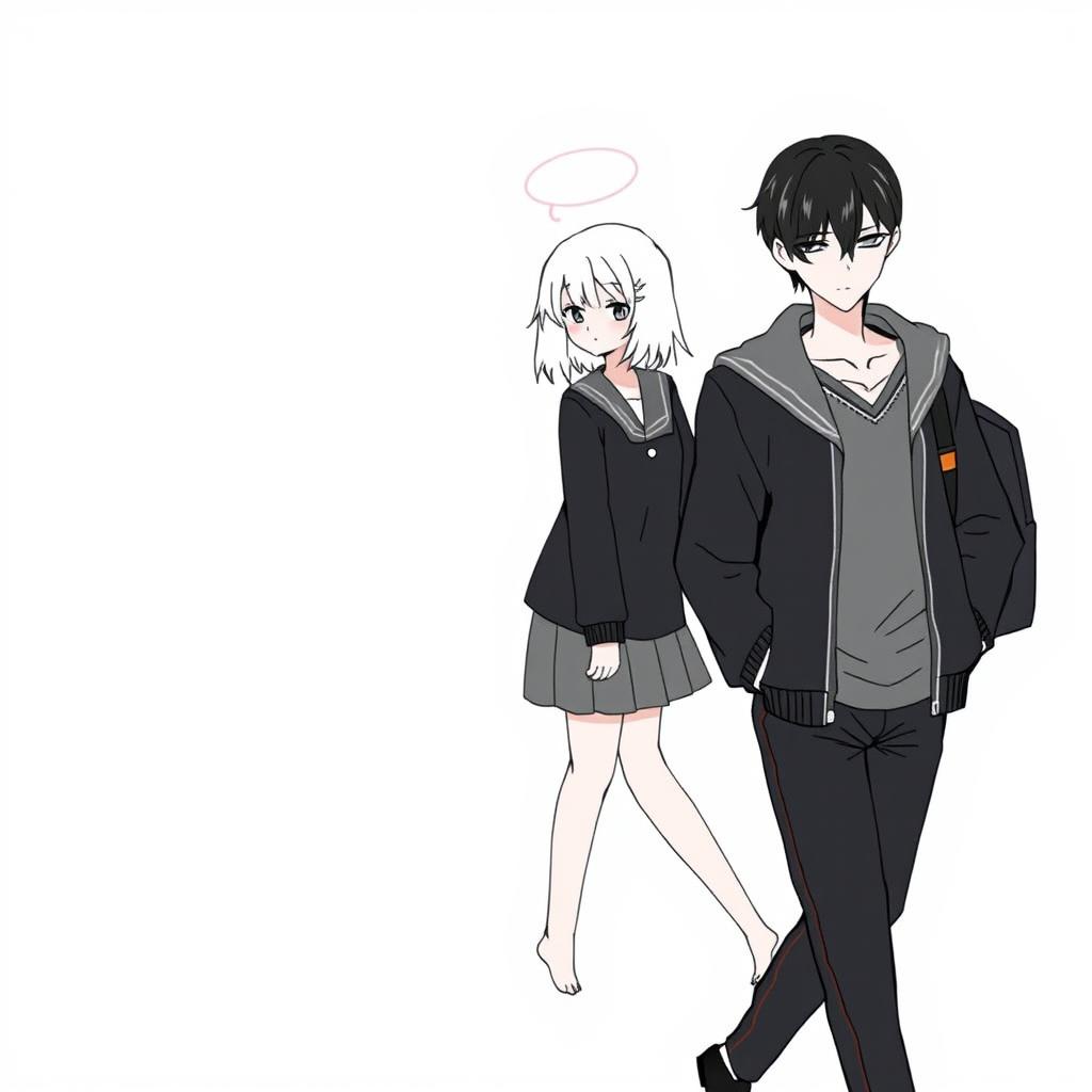 A stylized illustration featuring a male high school student with sleek black hair, depicted in a no-face style, walking with his head slightly down, suggesting a contemplative mood