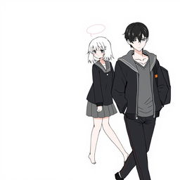 A stylized illustration featuring a male high school student with sleek black hair, depicted in a no-face style, walking with his head slightly down, suggesting a contemplative mood