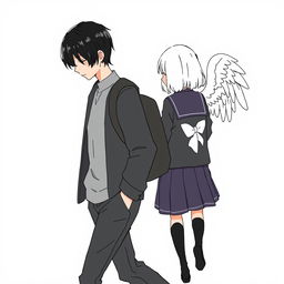 A stylized illustration featuring a male high school student with sleek black hair, depicted in a no-face style, walking with his head slightly down, suggesting a contemplative mood