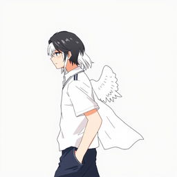 A stylized illustration featuring a male high school student with sleek black hair, depicted in a no-face style while walking with his head slightly down, suggesting a thoughtful demeanor