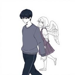 A stylized illustration featuring a male high school student with sleek black hair, depicted in a no-face style while walking with his head slightly down, suggesting a thoughtful demeanor