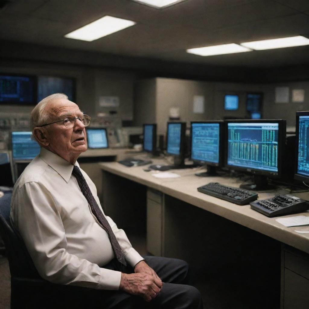 In the dimly lit control room, the wealthy elderly man is shown frustrated and upset, most of the systems offline due to the power outage, with only a single functioning computer as his beacon of hope amidst the chaos.