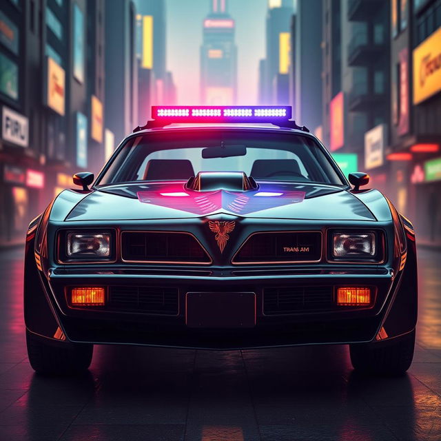 A dynamic front view of a black 1978 Trans Am, showcasing its sleek and powerful design