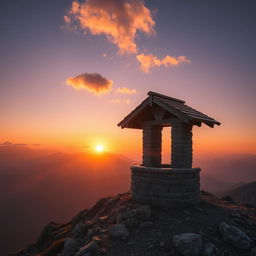 A beautifully composed scene of a grey-bricked well perched at the peak of a majestic mountain