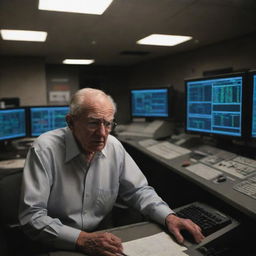 In the dimly lit control room, the wealthy elderly man is shown frustrated and upset, most of the systems offline due to the power outage, with only a single functioning computer as his beacon of hope amidst the chaos.