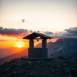 A beautifully composed scene of a grey-bricked well perched at the peak of a majestic mountain