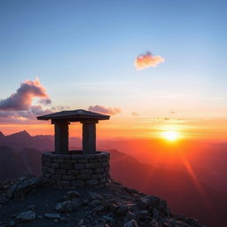 A beautifully composed scene of a grey-bricked well perched at the peak of a majestic mountain