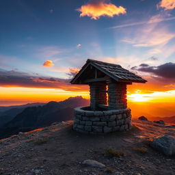 A beautifully composed scene of a grey-bricked well perched at the peak of a majestic mountain