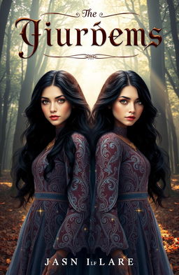 A captivating fantasy book cover featuring two identical maidens with striking black hair and mesmerizing gold eyes