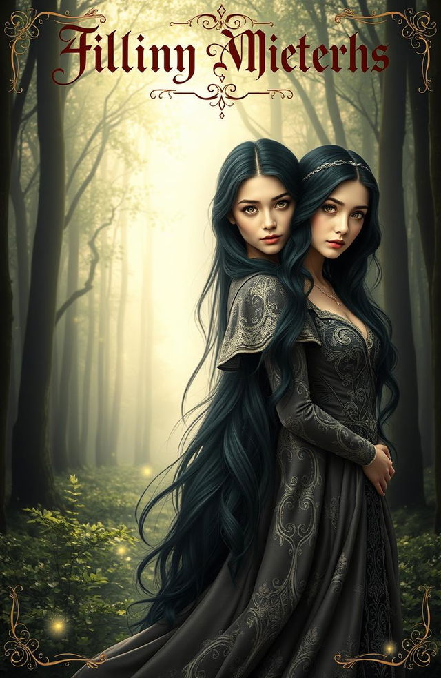 A captivating fantasy book cover featuring two identical maidens with striking black hair and mesmerizing gold eyes