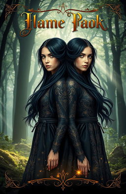 A captivating fantasy book cover featuring two identical maidens with striking black hair and mesmerizing gold eyes