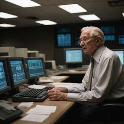 In the dimly lit control room, the wealthy elderly man is shown frustrated and upset, most of the systems offline due to the power outage, with only a single functioning computer as his beacon of hope amidst the chaos.